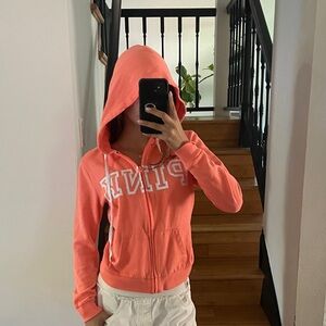 Victoria's Secret PINK Coral Zip Hoodie with White Logo Trim